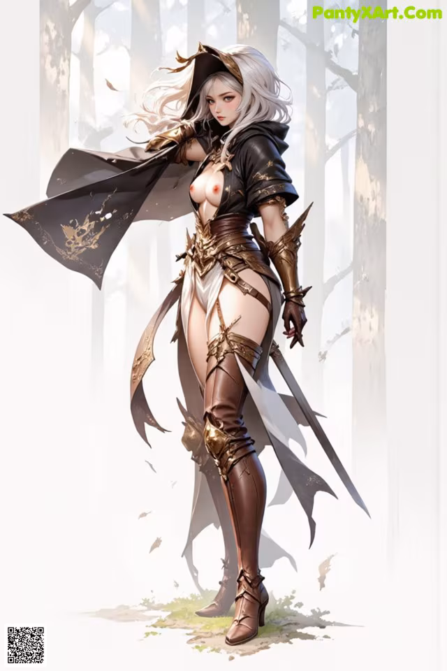 A woman in elaborate armor stands in a forest setting.