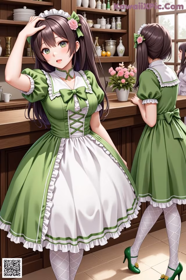 A woman in a green and white dress standing in front of a counter.
