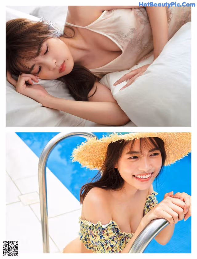 A woman in a straw hat laying on a bed next to a pool.