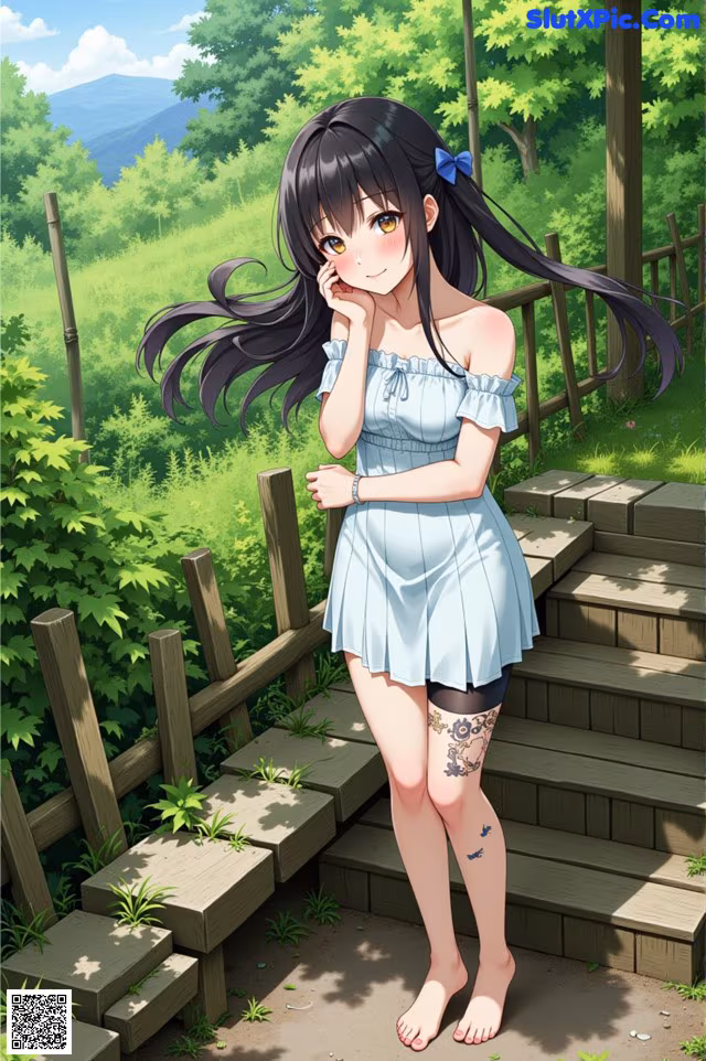 A girl in a blue dress standing on some steps.