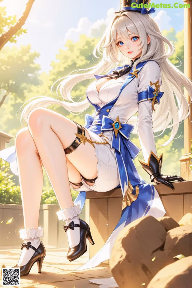 A woman in a blue and white dress sitting on a bench.