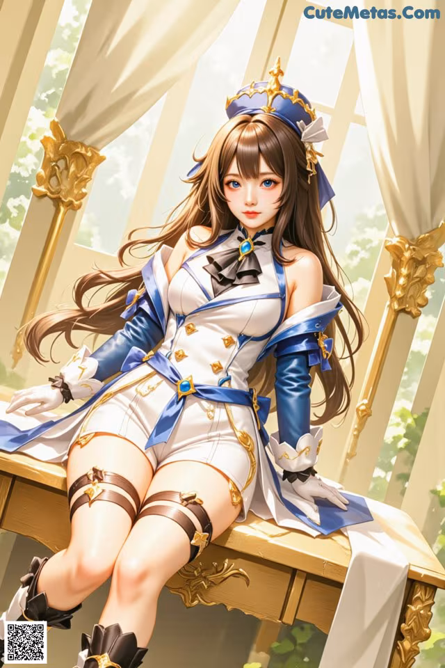 A woman in a blue and white outfit sitting on a bench.