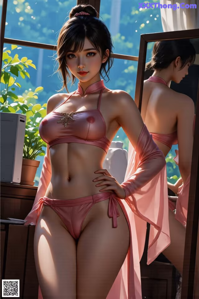 A woman in a pink bikini standing in front of a mirror.