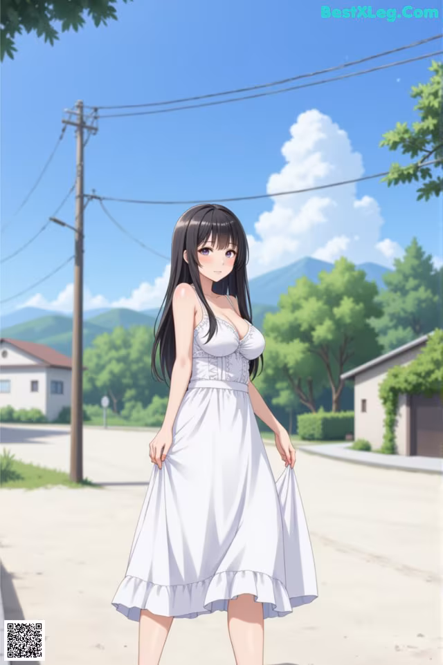 A woman in a white dress walking down a street.