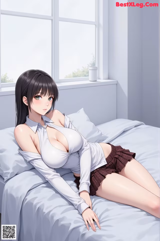 A woman laying on top of a bed next to a window.