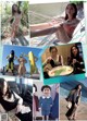 A collage of photos of a woman in a bikini and a man in a suit.