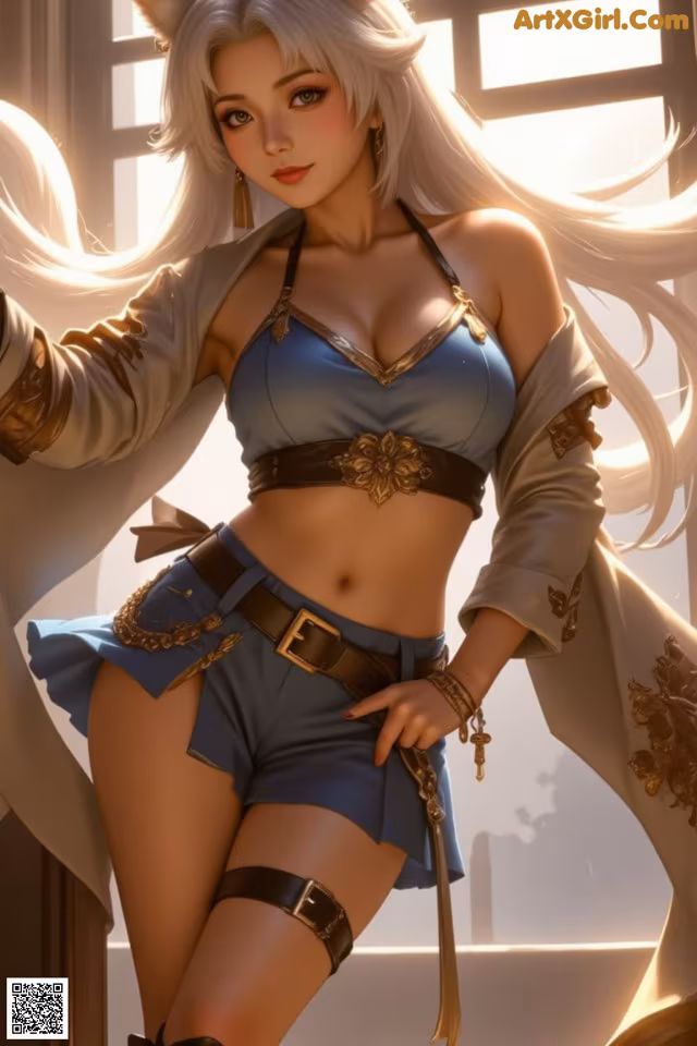 A woman in a blue outfit holding a sword.