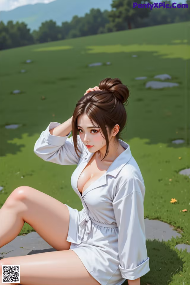 A woman in a white dress sitting on the ground.