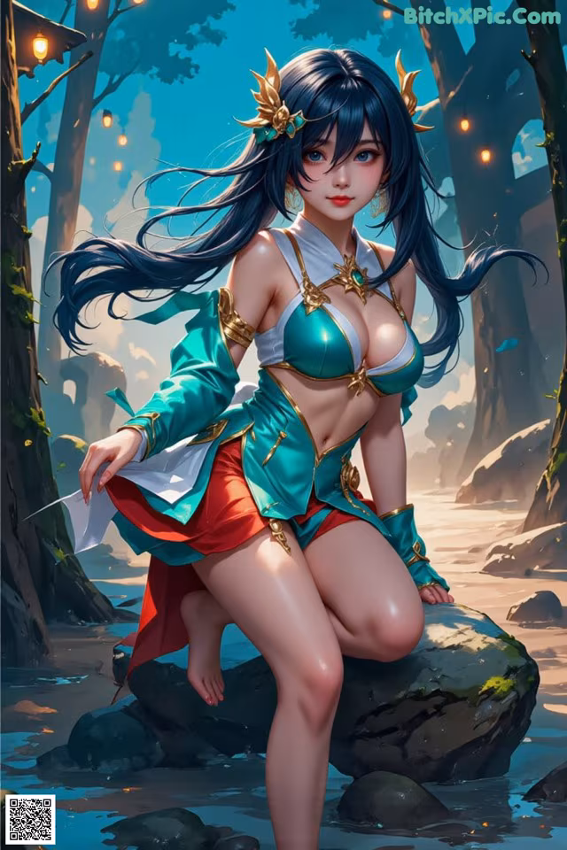 A woman in a bikini sitting on a rock in the woods.