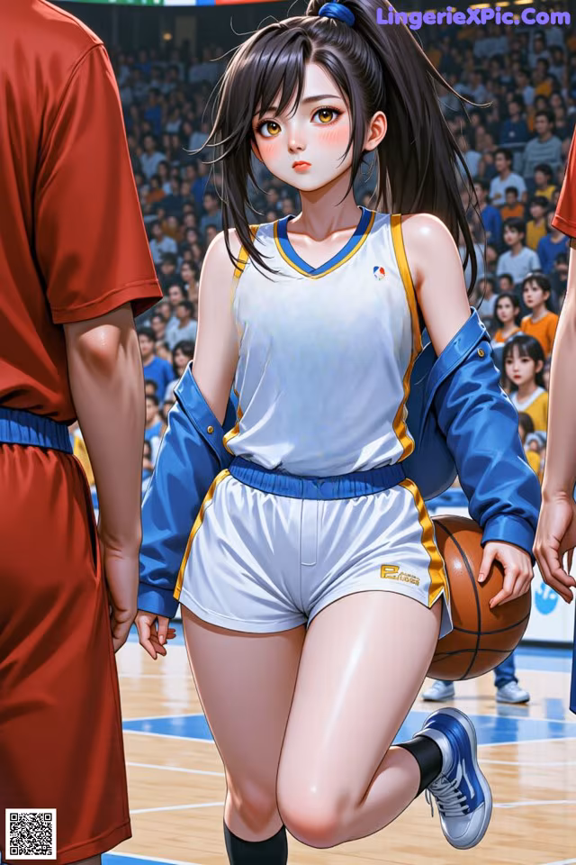 A woman in a basketball uniform holding a basketball on a court.