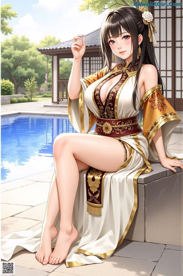 A woman in a white and gold dress sitting by a pool.