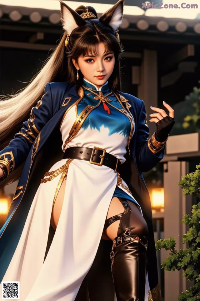 A woman dressed in a blue and white outfit with a cat ears headband.
